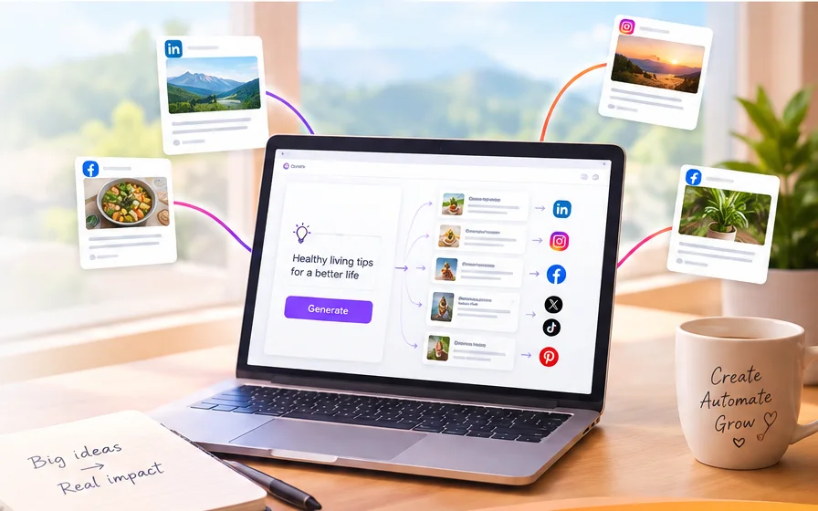 Illustration: one idea on a laptop branching into posts for several social channels